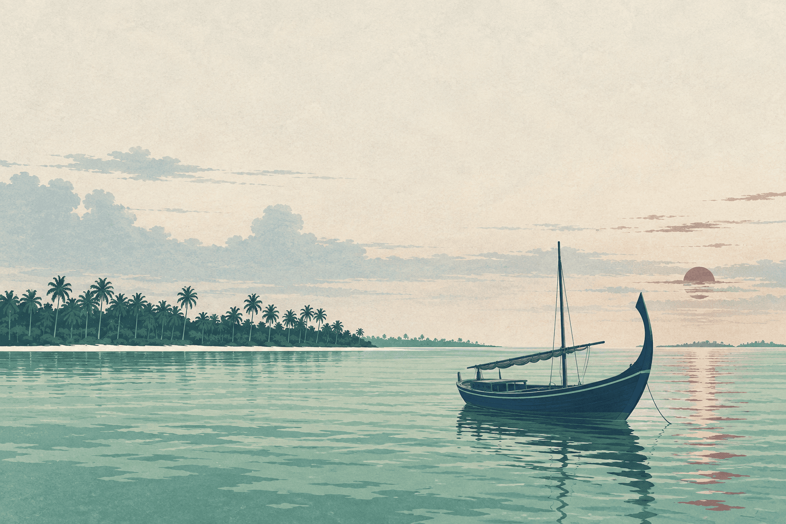 Contemporary illustration of a dhoni and a Maldivian island horizon
